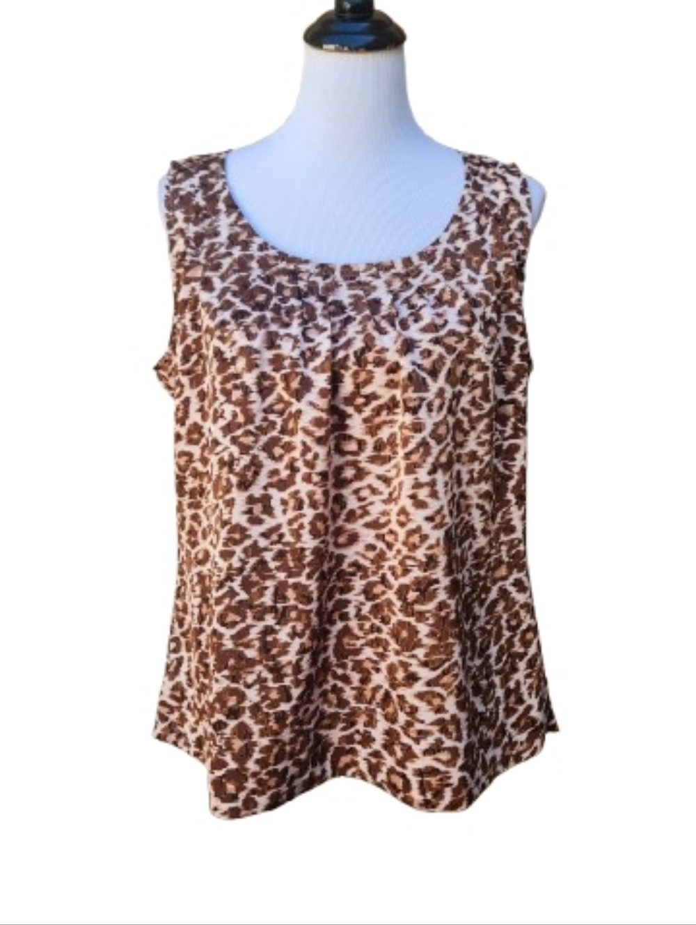Chico's Shell Blouse Animal Print Satin Brown Tan Leopard Cheetah Pleat Neck